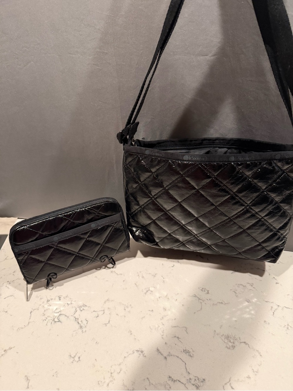 Lesportsac Black Quilted Shoulder Bag with Matching Wallet